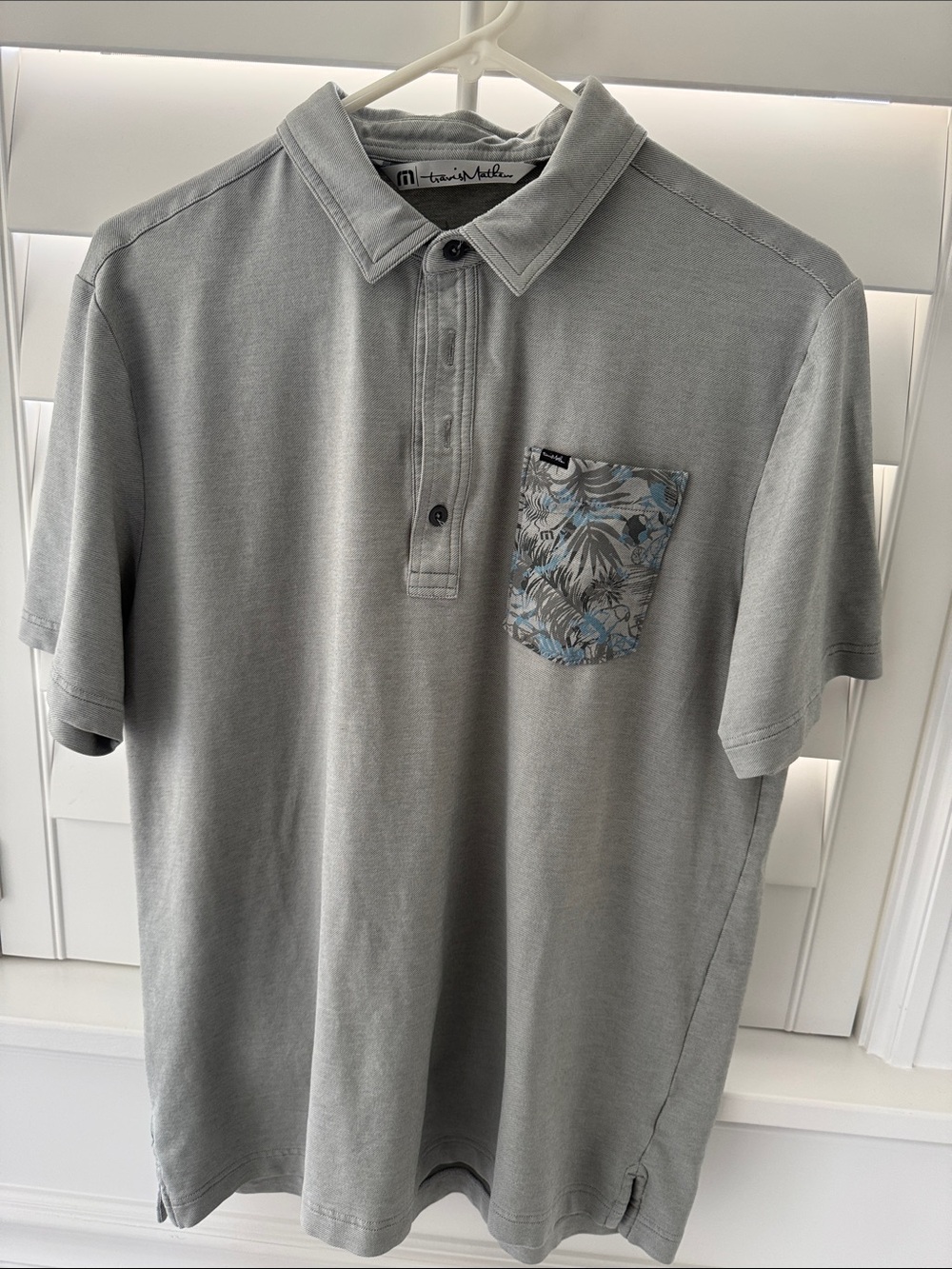 Travis Mathew Gray Polo with Blue Floral Chest Pocket